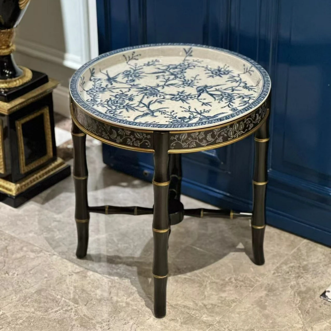 派力斯欧美风铜配木青花边几手绘高端家用边几咖啡桌客厅花鸟圆几