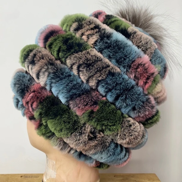 獭 兔毛编织帽子秋冬保暖时尚百搭毛球帽女士
