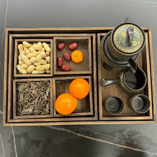 新年收纳桌面日式复古创意炭烧桐木茶盘托盘木质拼盘过年收纳盒