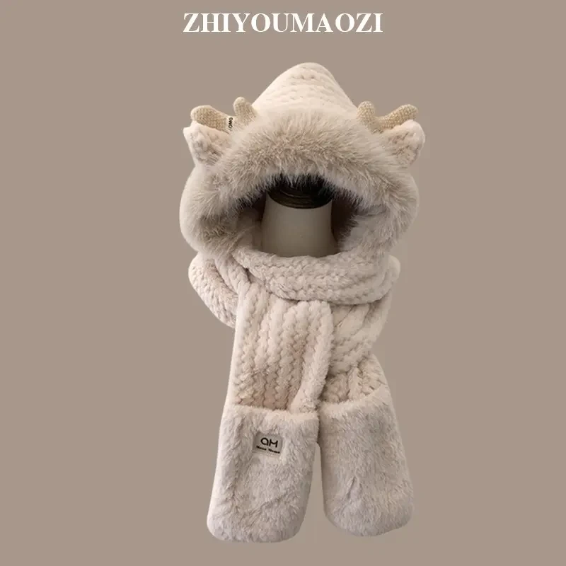 冬天小鹿角毛茸茸保暖护耳三件套双层加厚围巾手套一体帽子女gg