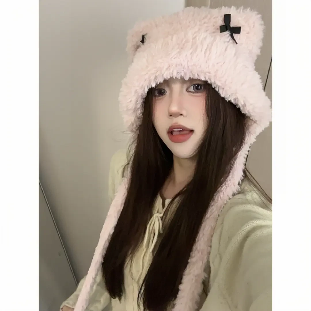 秋冬新款小熊蝴蝶结包头帽毛绒绒保暖加大头围显脸小百搭可爱帽XT