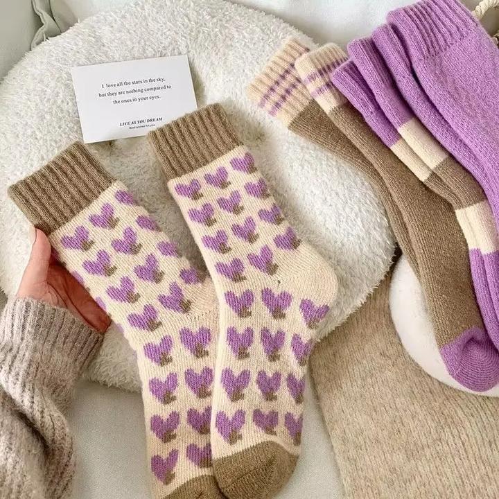 秋冬款毛绒防寒爱心保暖袜纯色加厚款袜子女中筒袜冬季毛圈袜gy