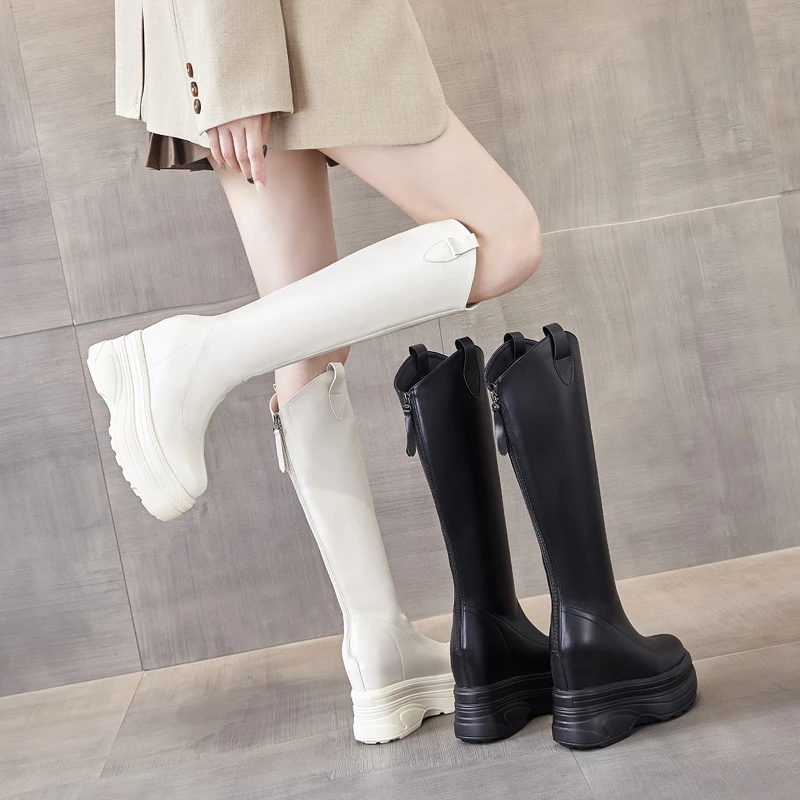 【萝莉公主12cm内增高】2025新款真皮长靴女小个子不过膝高筒骑士靴