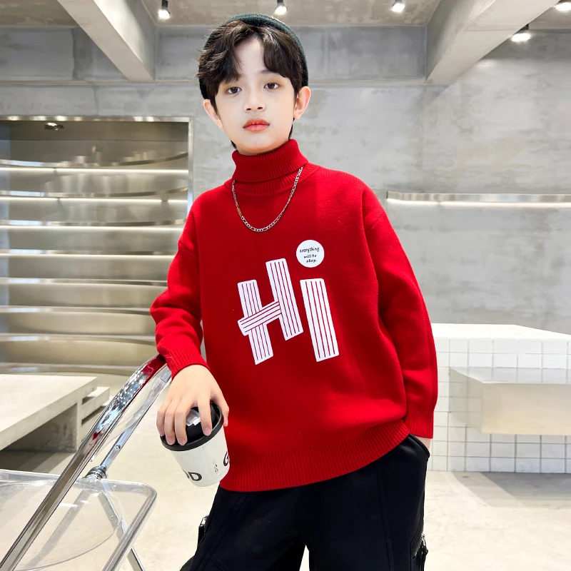 男童冬季红色毛衣高领儿童本命年秋冬款上衣中大童洋气男孩打底衫