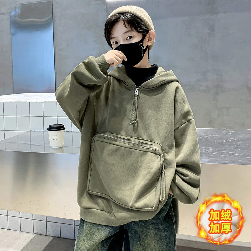男童冬季加绒卫衣大口袋儿童韩版上衣加厚中大童男孩打底衫潮
