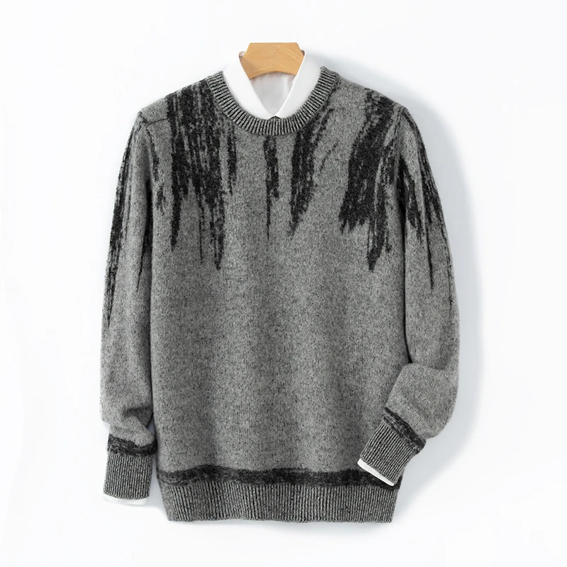 秋冬男款时尚休闲纯羊毛渐变提花十二针加厚羊毛衫