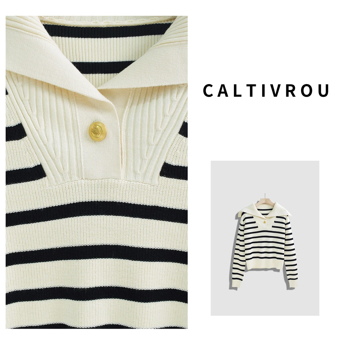 Caltivrou【现货】好看的海军领~小众时髦经典条纹毛衣-A659-Y6271