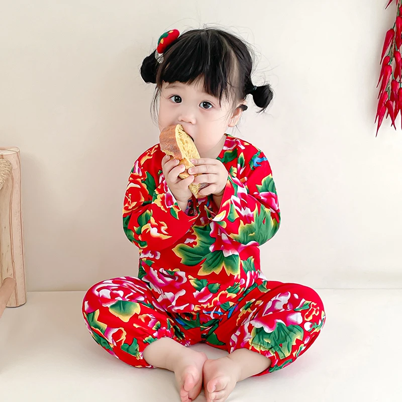 儿童东北大花布衣服夏季喜庆套装民族风男女童长袖演出服薄款吸汗