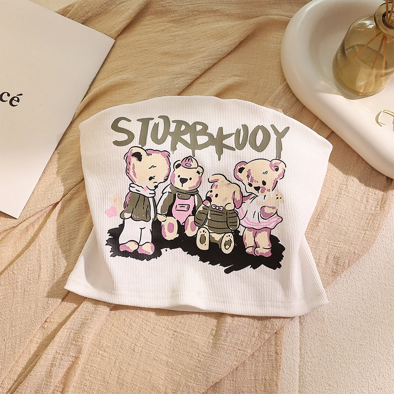 小熊印花抹胸吊带背心女夏外穿带胸垫设计感小众性感辣妹短款上衣