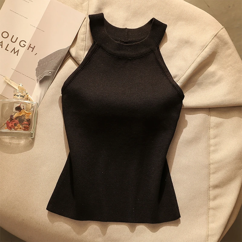 黑色针织挂脖露肩吊带背心女外穿洋气无袖网红高级感显瘦打底上衣