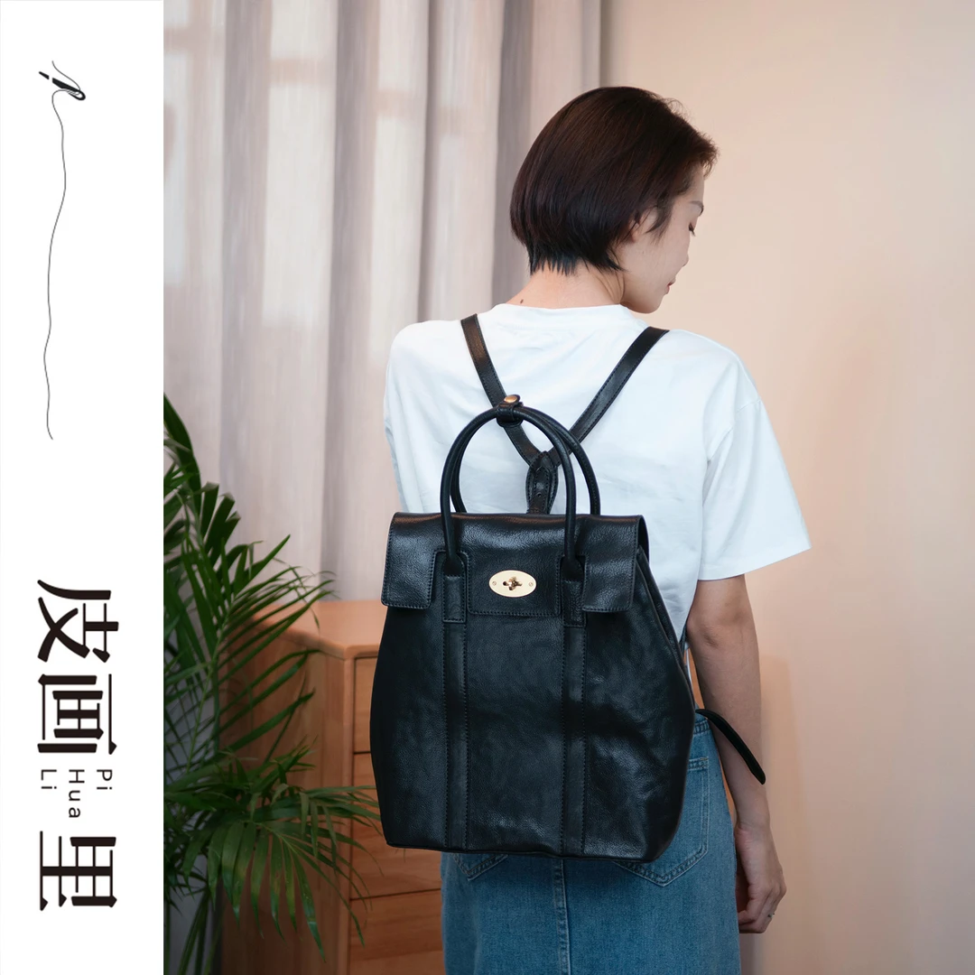 时尚休闲百搭黑色真皮复古妈妈包潮流韩版多功能牛皮双肩包女背包