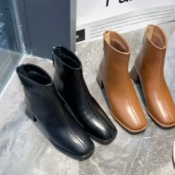 L9529-11 冬季新款英伦风方头粗跟短靴百搭中跟弹力时尚短靴加绒