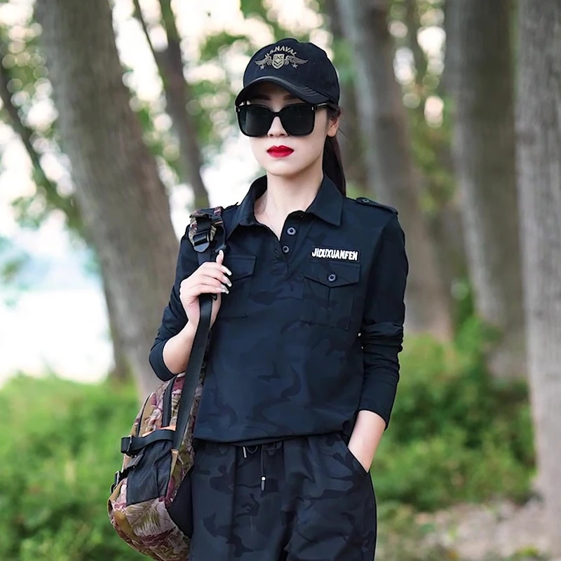 春夏女士户外运动显瘦工装上衣水兵舞演出服装女迷彩服长袖T恤女
