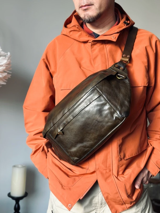 【45*19.5】0.9 本儿哥的店 真皮机车包大容量头层牛皮胸包男款