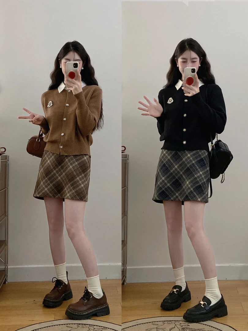 学院风假两件美式开衫针织衫秋季毛衣大码女装格纹短裙套装