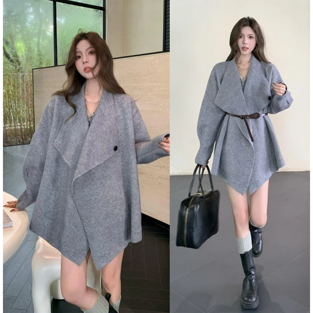 大码胖mm2024秋冬新款慵懒气质超百搭显瘦不规则毛衣外套+皮带