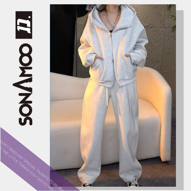 【001】sonAmoo花灰CLEANFIT宽松秋冬连帽阔腿运动休闲套装5505/K05