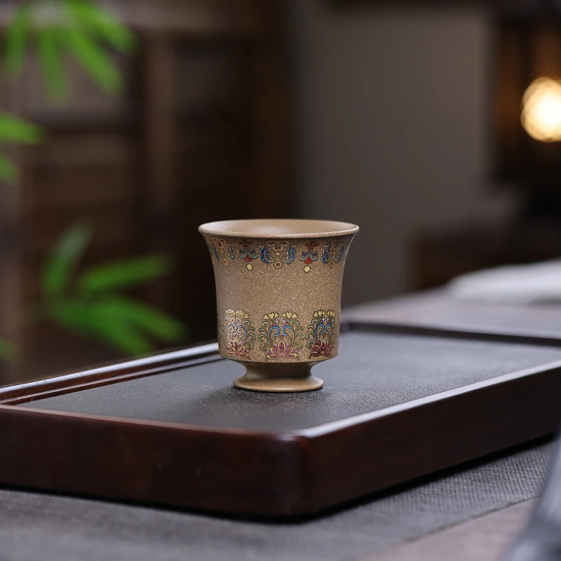 手工杯 | 宜兴紫砂 九斋龙背青珐琅彩翻沿接底闻香杯