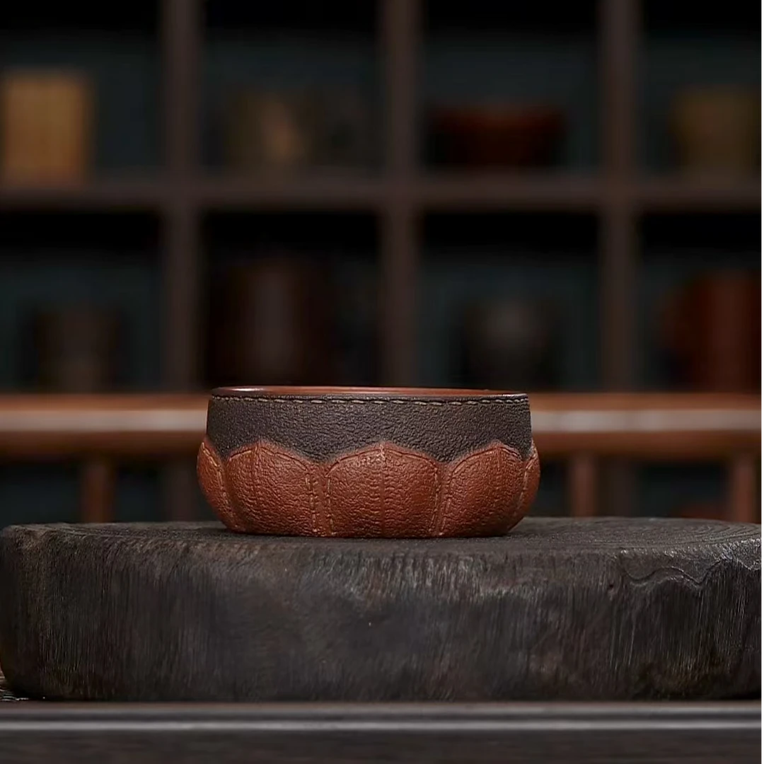 手工杯 | 九斋仿生皮革莲花杯（内红）