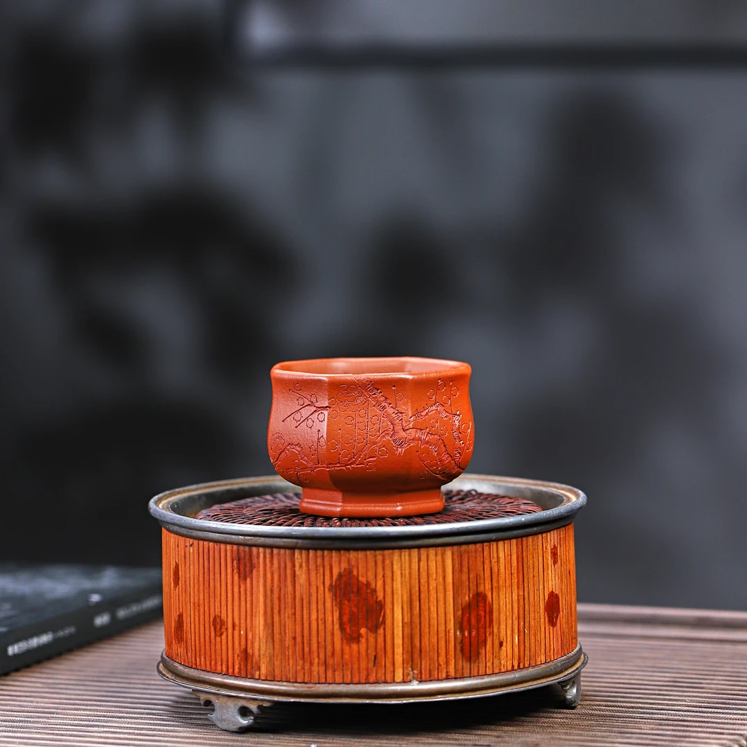 手工杯345 | 紫砂杯  《梅花》朱泥方杯手工主人杯