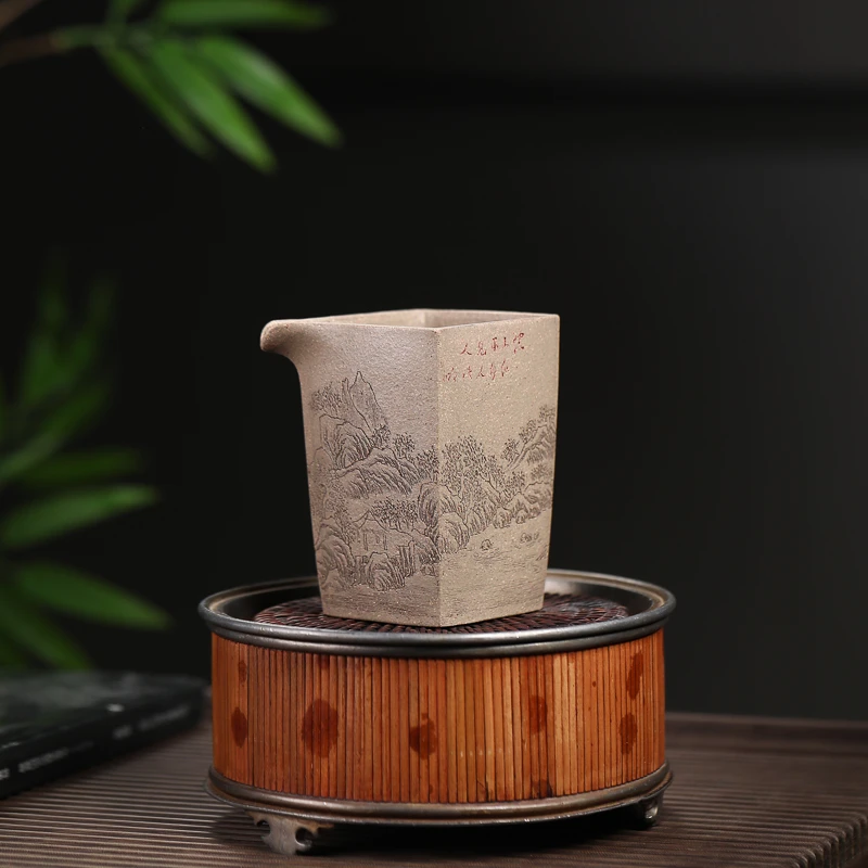 I1011宜兴紫砂杯  仇峰《山水公道》四方青段全手工山水公道