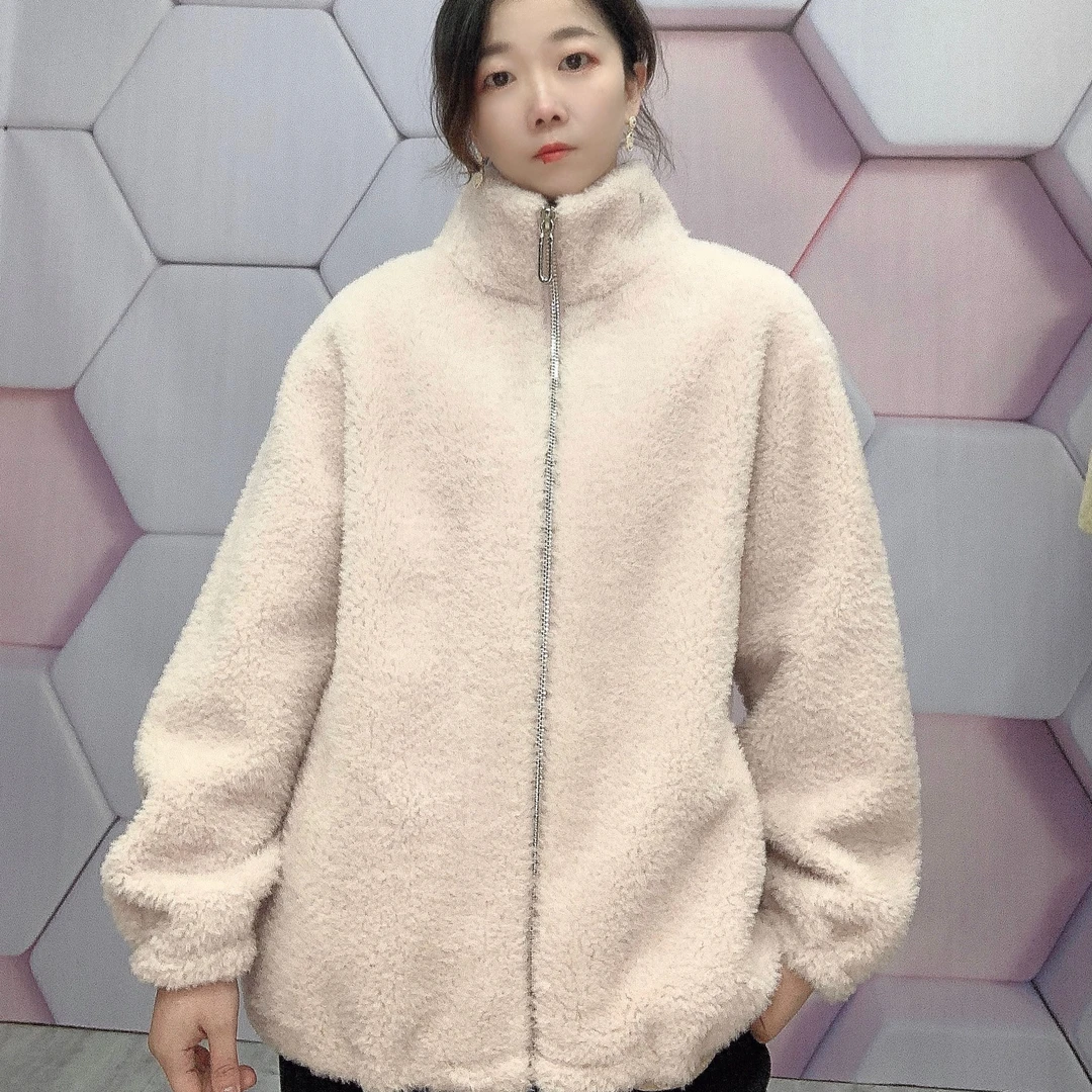 冬季女新款颗粒羊毛一体保暖显瘦女外套立领休闲百搭女外套8823