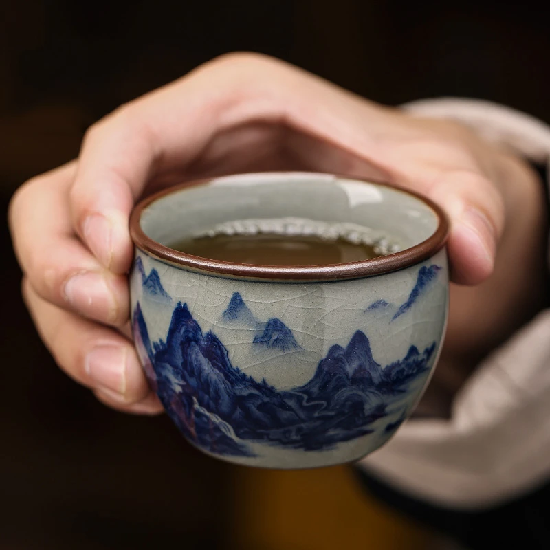 景德镇老陶泥手工青花山水品茗杯主人杯陶瓷手绘功夫茶具茶杯单杯