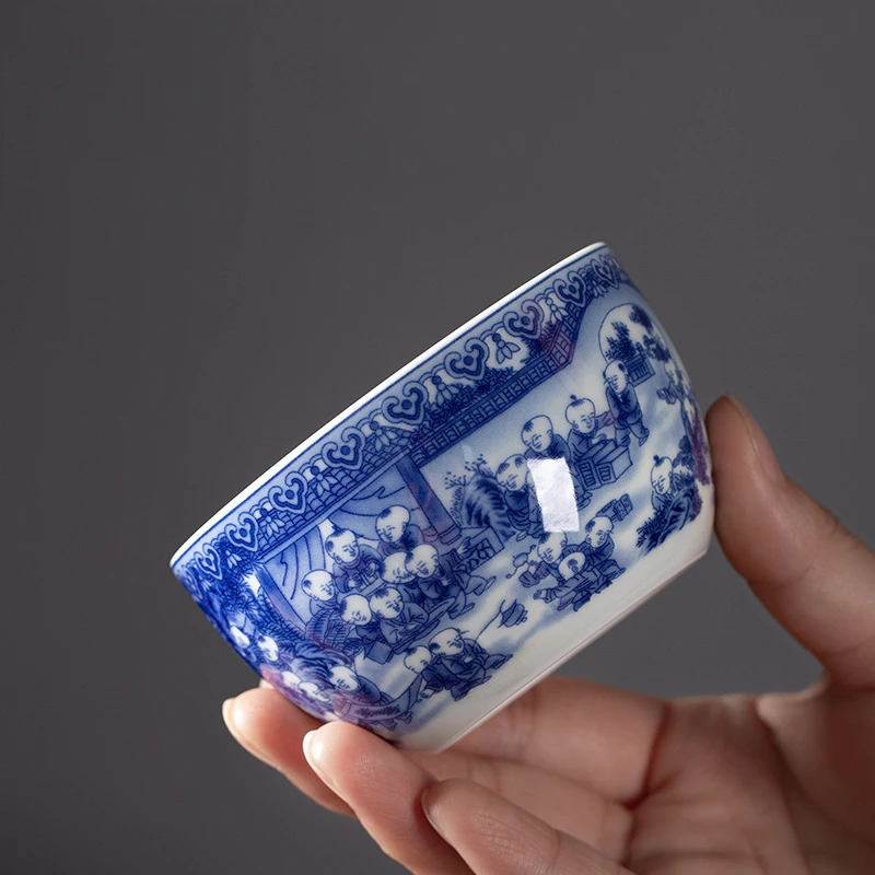 景德镇仿古泥百子图卧足杯大号主人杯陶瓷杯小茶杯品茗杯功夫茶盏