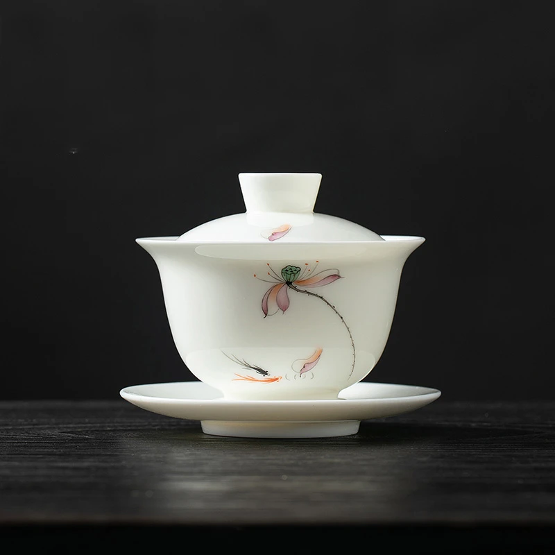 羊脂玉手绘三才盖碗茶杯单个可悬停功夫陶瓷泡茶器家用荷花喝茶具