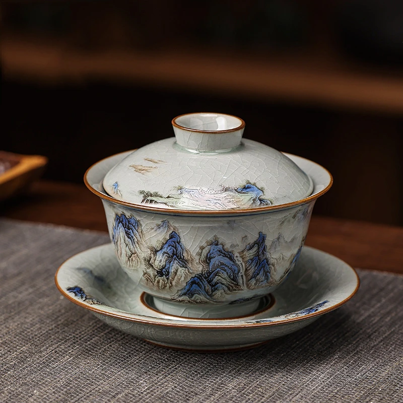 盖碗茶杯茶碗大号茶具千里江山泡茶碗套装陶瓷粉彩功夫三才碗单个
