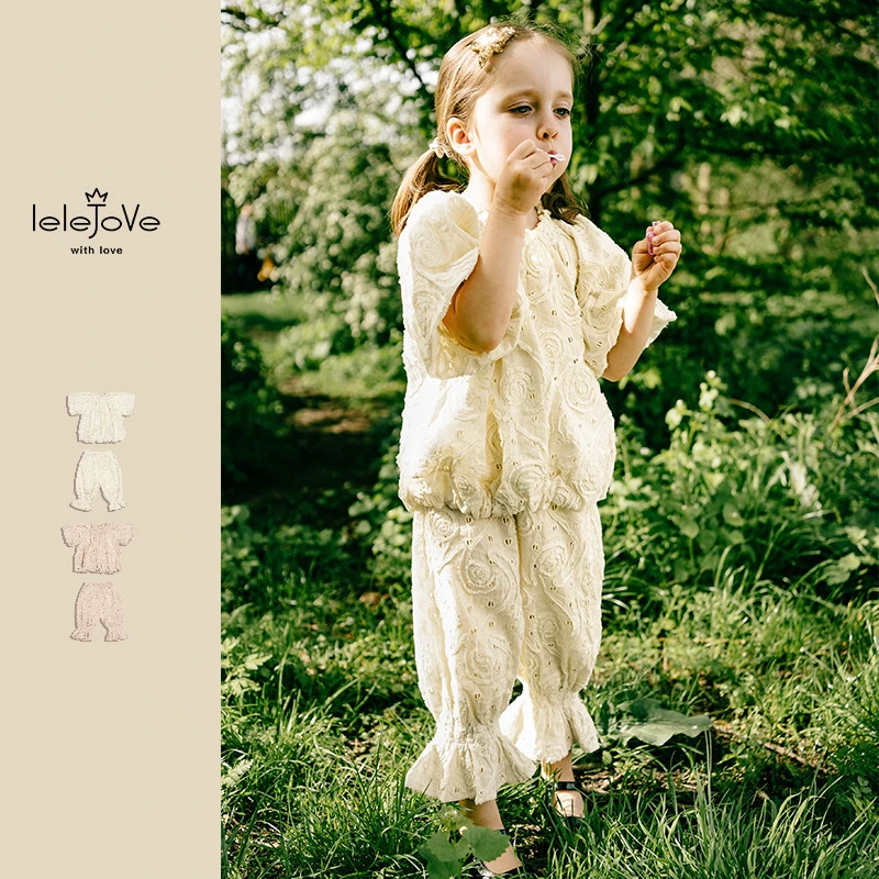 lelejove北欧风女童短袖圆领衫夏款甜美镂空圆领衫裤子4AU38308