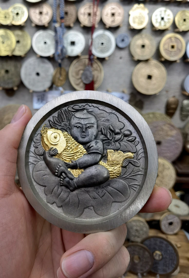 白铜 连年有余   铜镜 翻砂铸造 现代工艺品