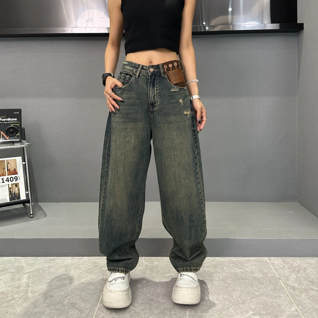 EZLA  A30068  怀旧蓝水洗设计感软牛仔老爹堆堆裤