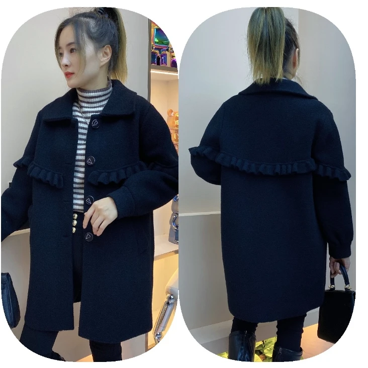 木耳边气质加厚大衣时尚百搭黑色韩版中长款秋冬设计师韩版