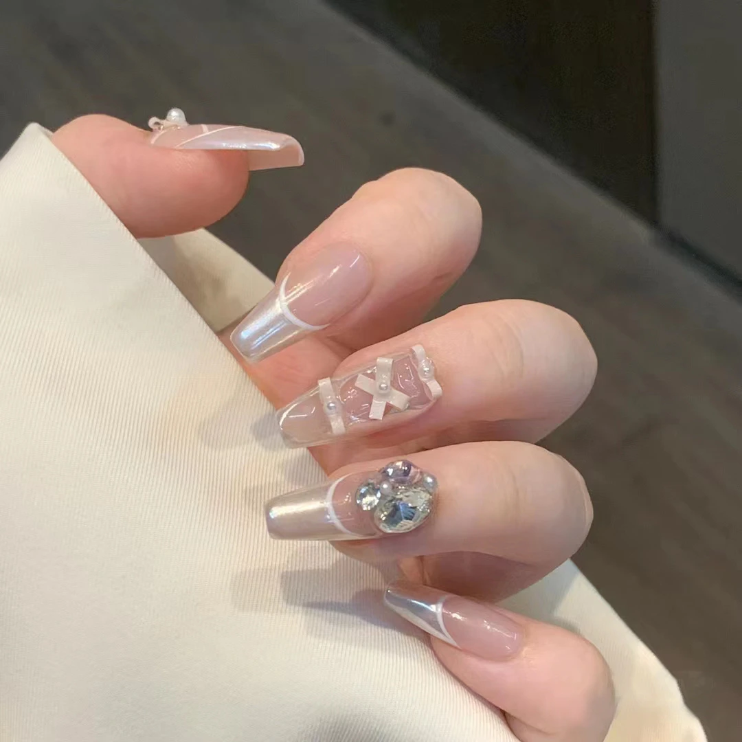 【长T】法式芭蕾风蝴蝶结纯欲长款甜美少女流行穿戴式美甲