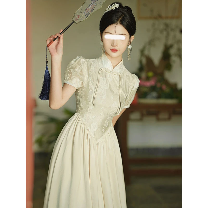 高个子女生新中式洋气衣服女夏季新款气质少女国风连衣裙提花长裙