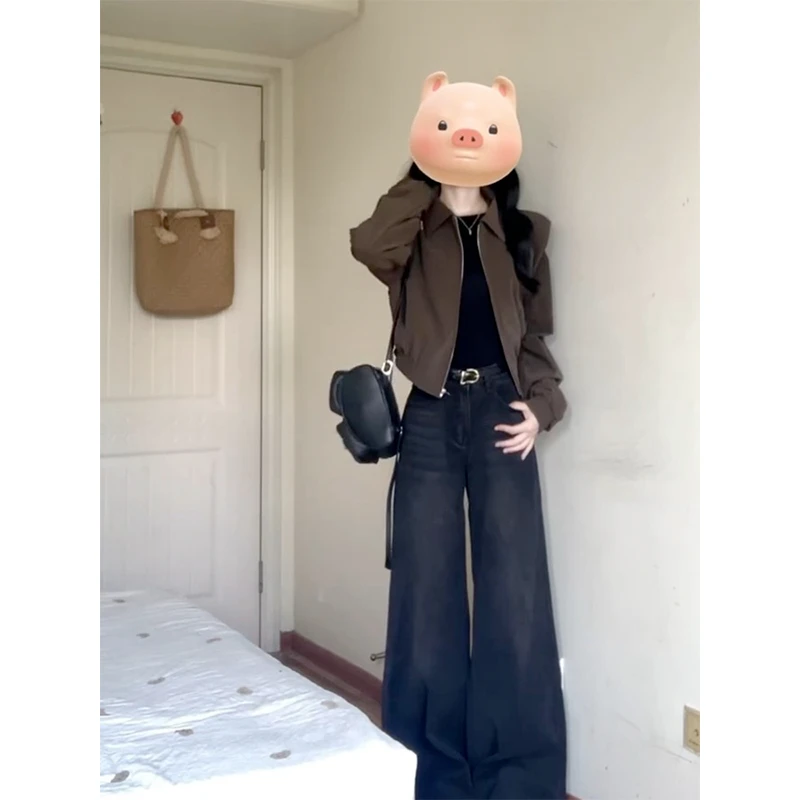 早秋棕色短款外套女春秋款2025新款独特超好看显瘦高个子初秋夹克