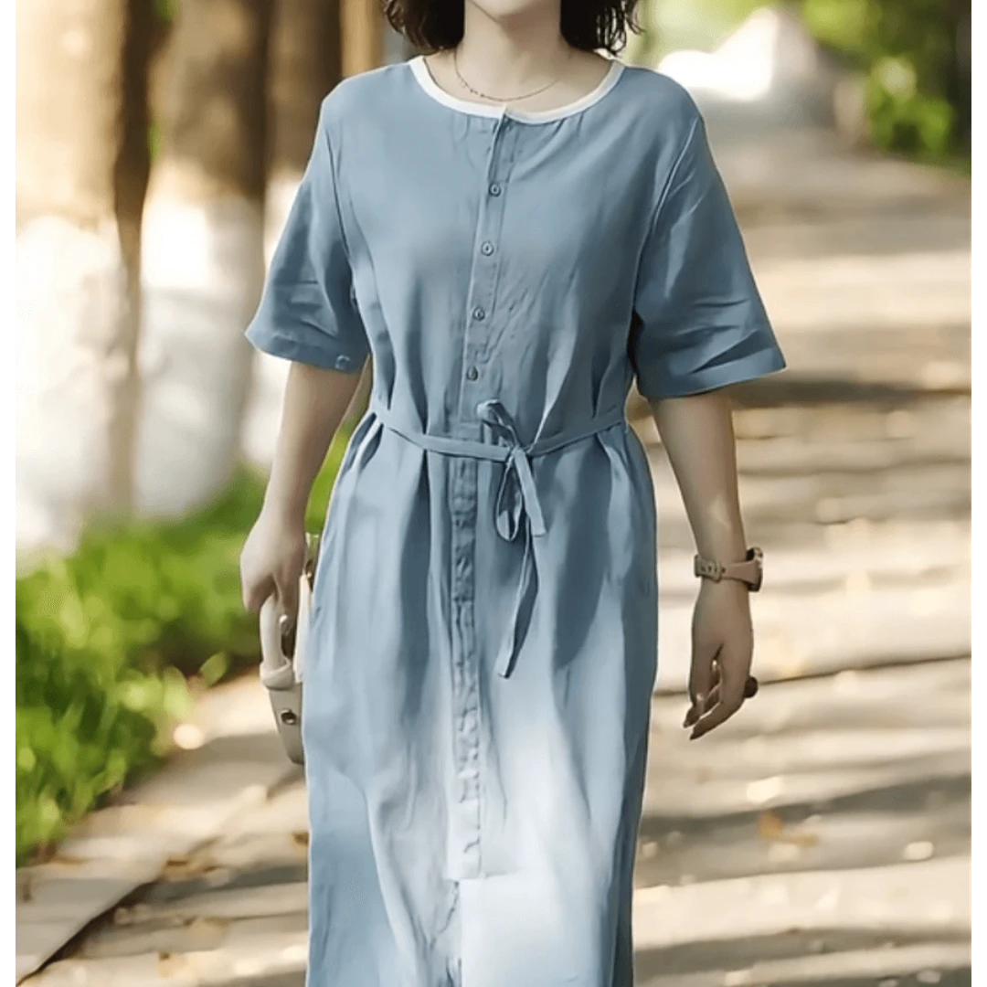 大码宽松系带设计感亚麻连衣裙女夏季中年圆领休闲百搭中长裙裙子