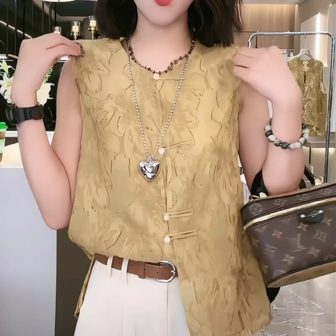 大码宽松国风盘扣衬衫女新中式马甲夏季新款提花老钱风无袖衬衣