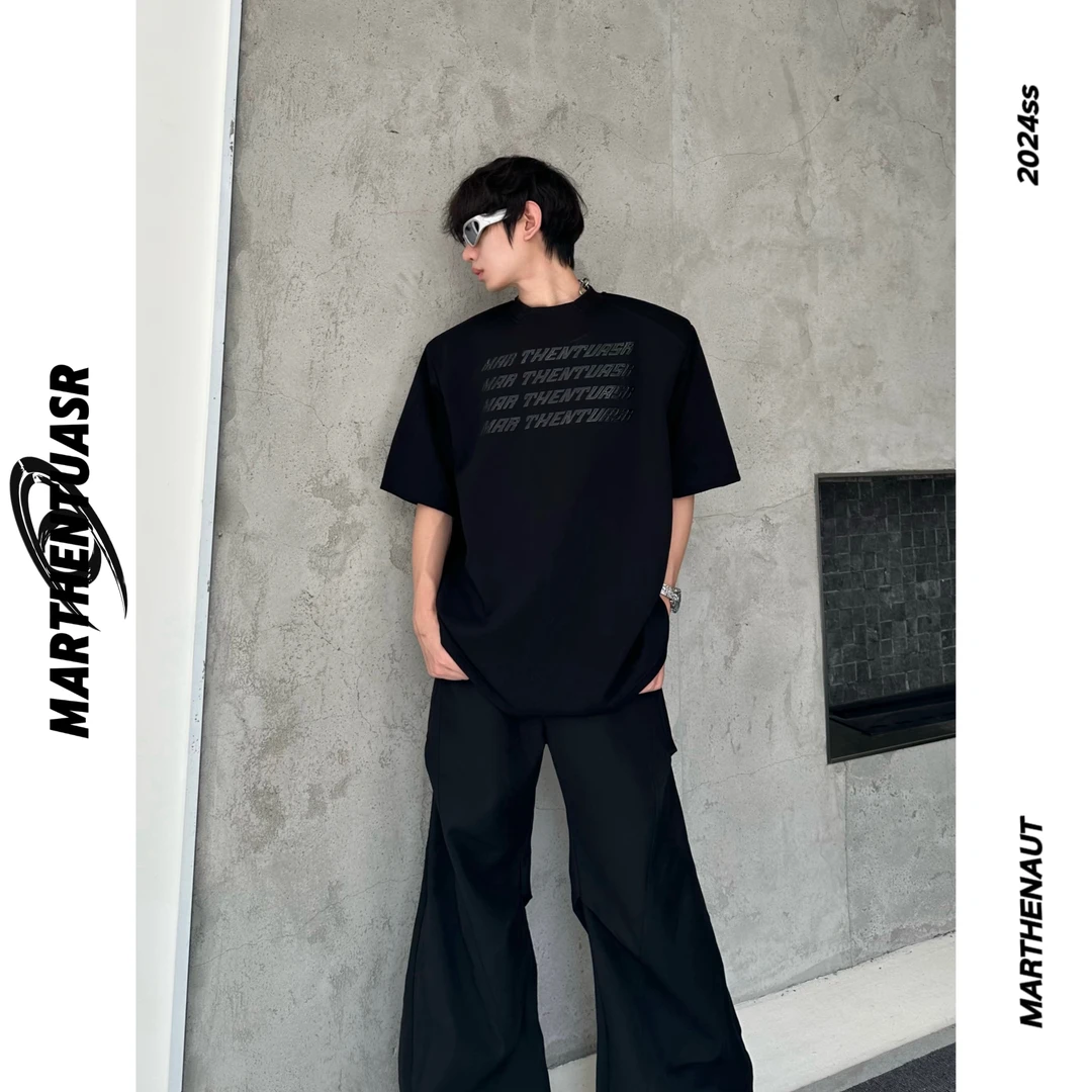 MARTHENAUT小众原创拉浆印花轮廓垫肩短袖时髦感百搭小领口T恤