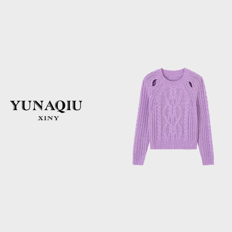 YUNAQIU圆领镂空轻奢百搭长袖套头毛衣时尚网红宽松针织衫女-3021