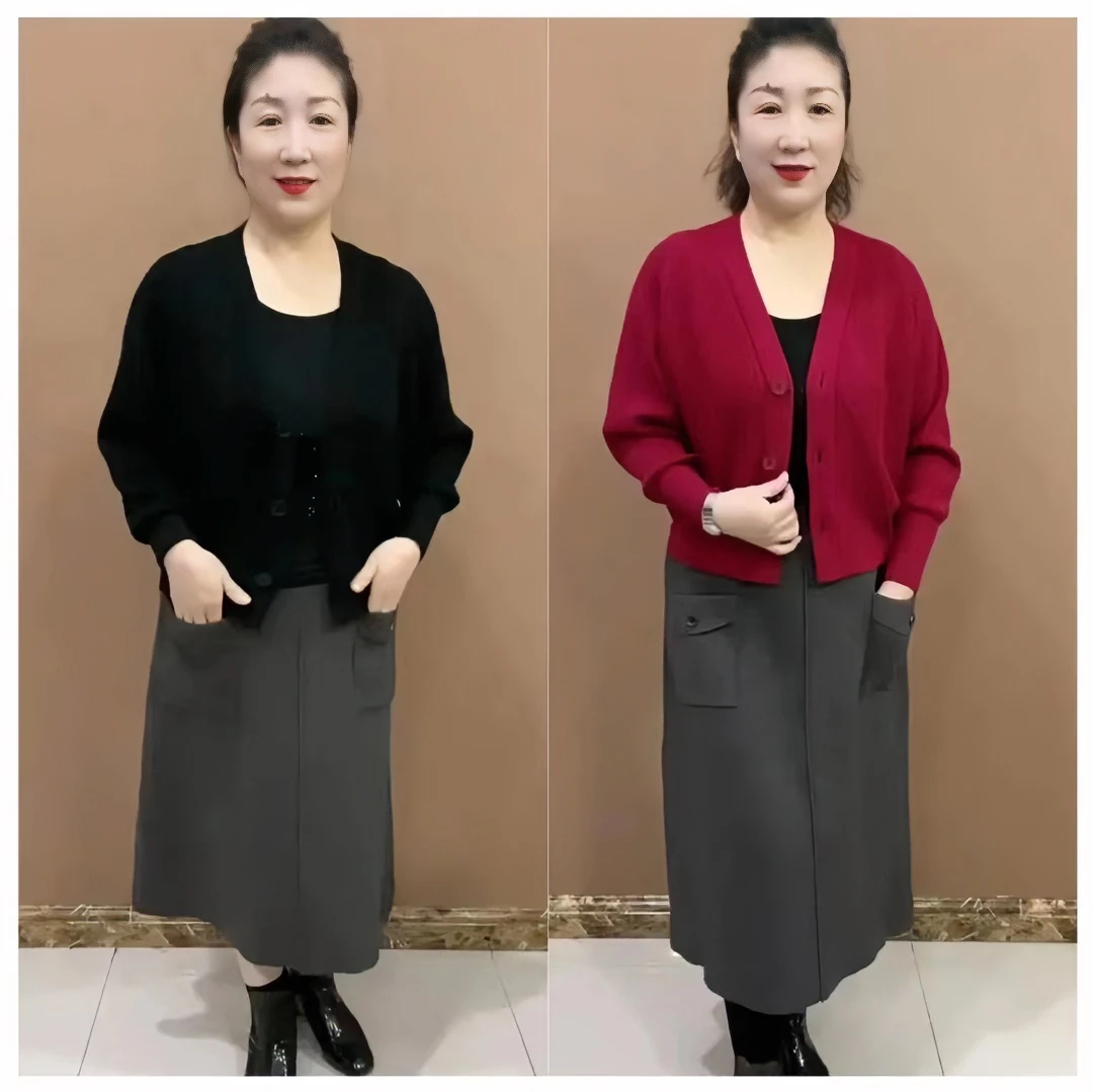 新款秋冬时尚妈妈装长袖针织衫洋气休闲v领百搭宽松妈妈外套