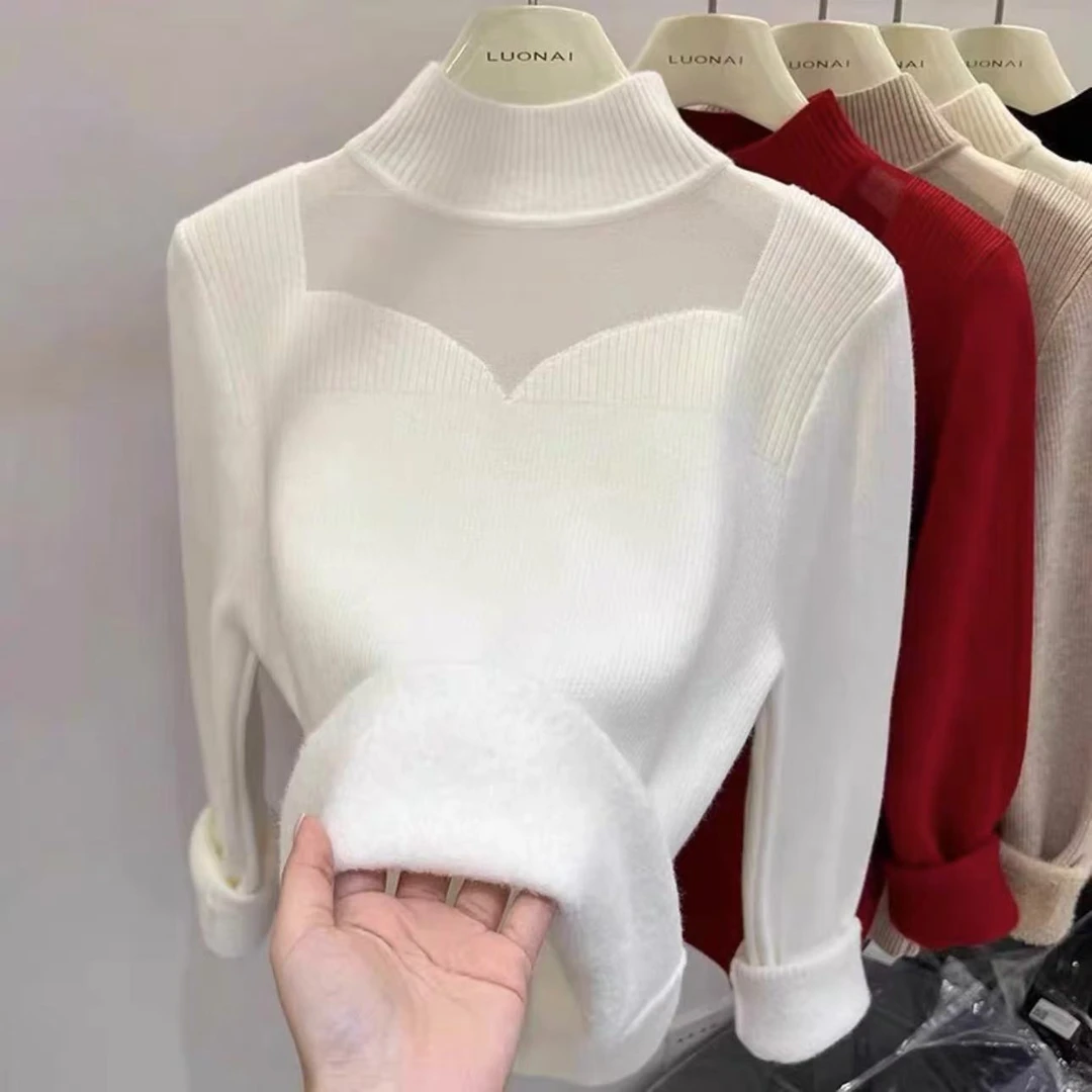 加绒加厚 一体绒   小众设计感网纱冬季内搭毛衣半高领打底衫女