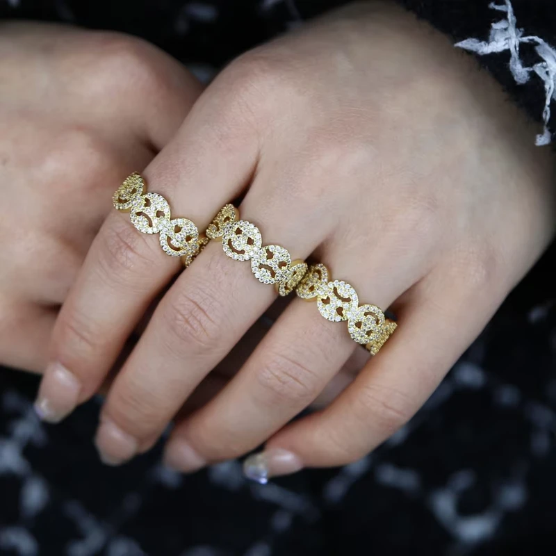 铜合金合成锆石戒指 TWG时尚笑脸金色镶锆石戒指满钻指环饰品个性