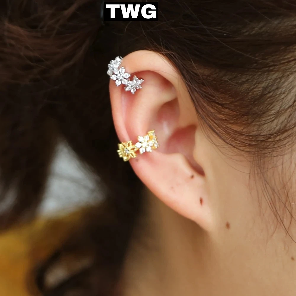 非金属合成锆石耳饰 TWG轻奢款925银花朵耳夹镶锆石时尚耳环饰品