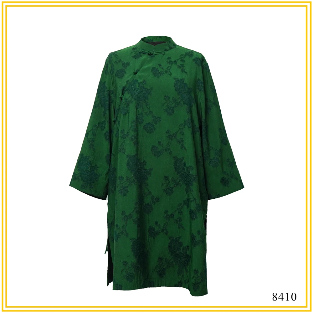 YZ絲綢之路新款绿荫牡丹提花斜门襟盘扣立领长衫上衣8410