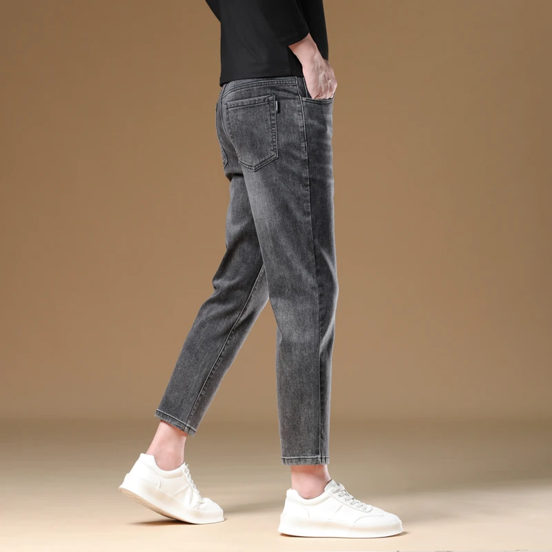 PinkAvril牛仔裤男士冬季加绒加厚修身直筒休闲显瘦秋冬款九分裤