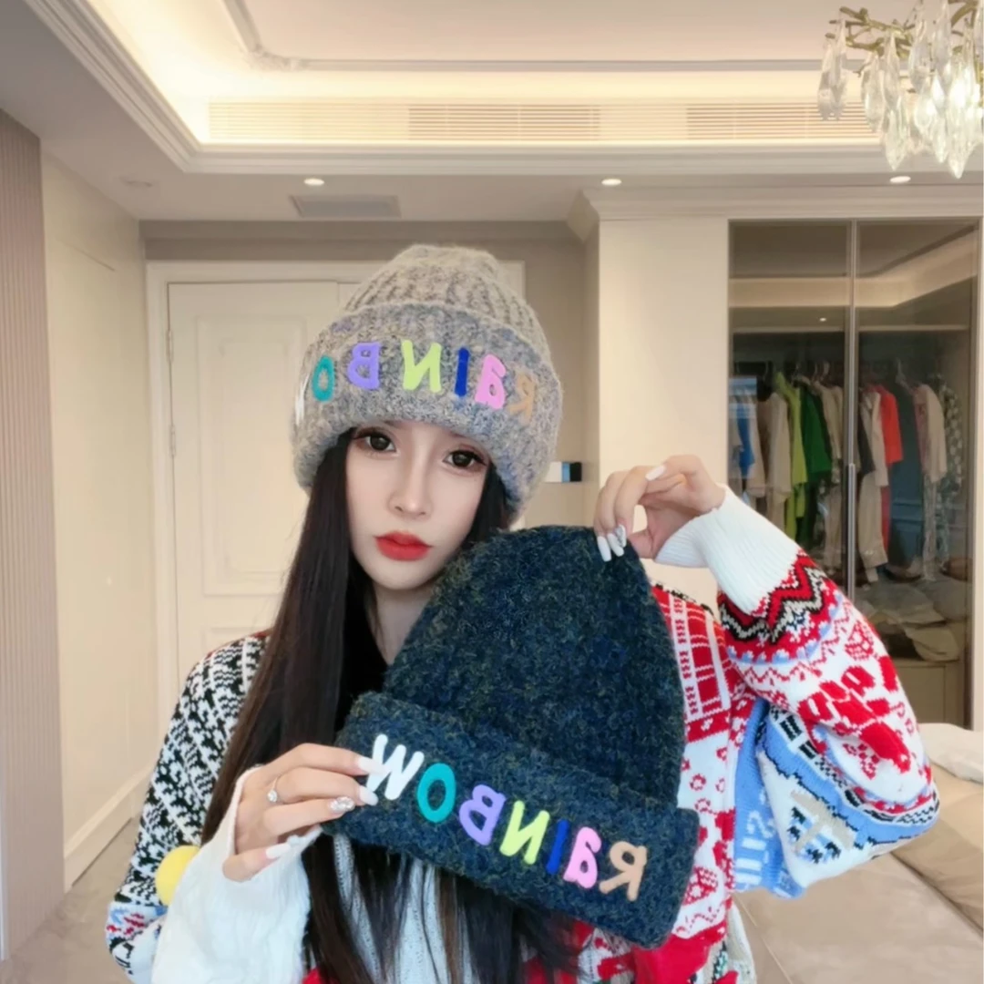 显脸小新款多巴胺彩色针织帽女网红秋冬日系加厚保暖毛线帽