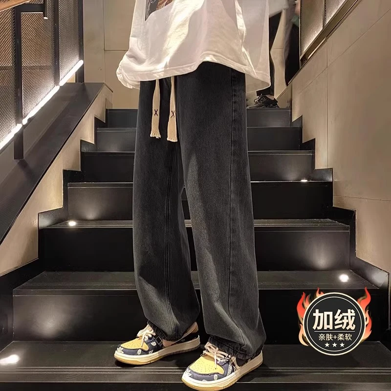 加绒复古牛仔裤男款秋冬直筒宽松潮牌阔腿美式高街潮流休闲长裤子