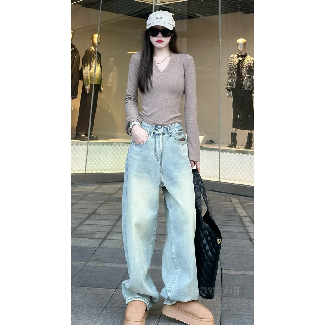 美式显瘦做旧磨白【美式巴黎】水洗加绒加厚宽松阔腿裤小众